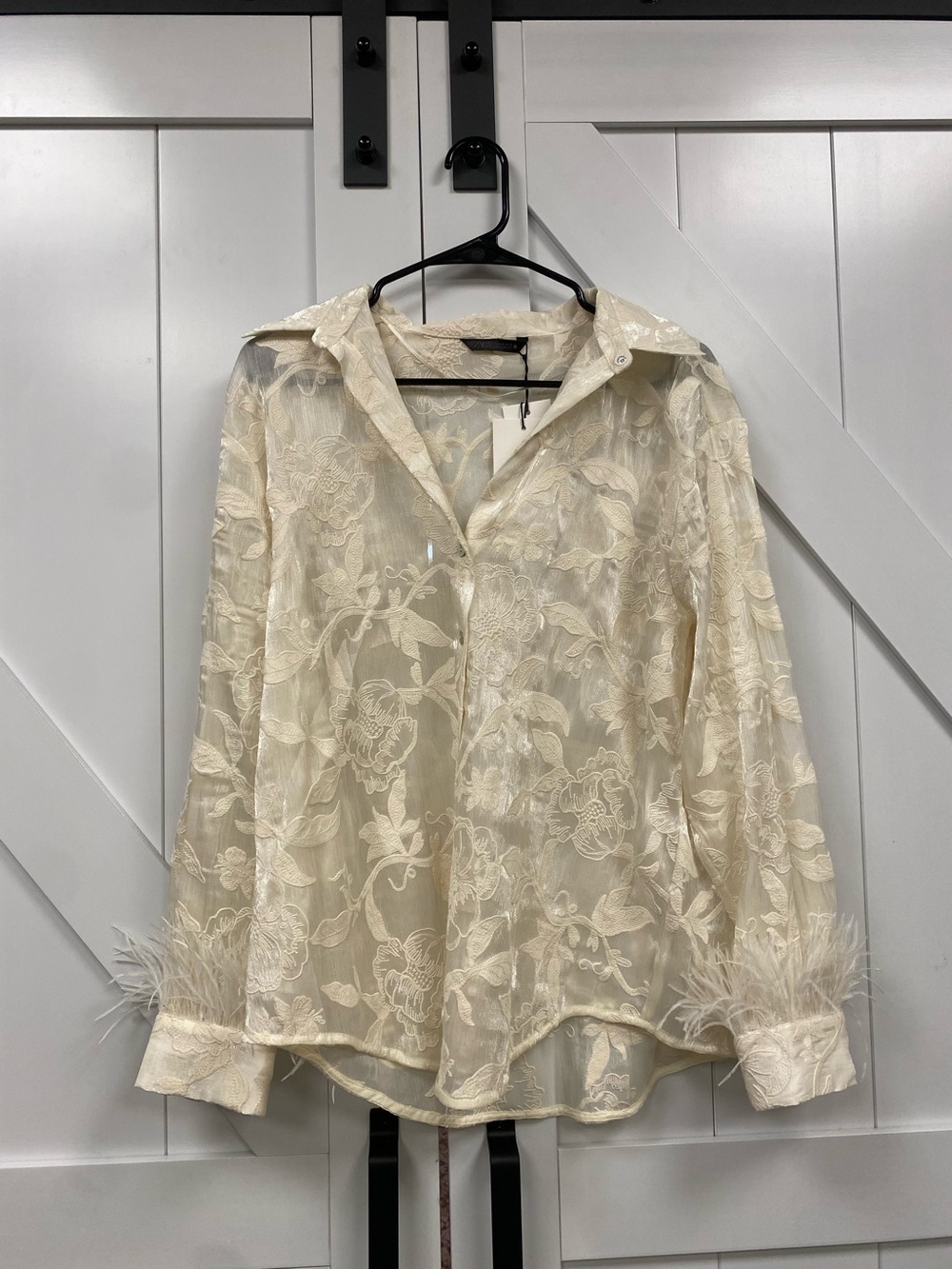Sheer Floral Lace Blouse with Feather Cuffs